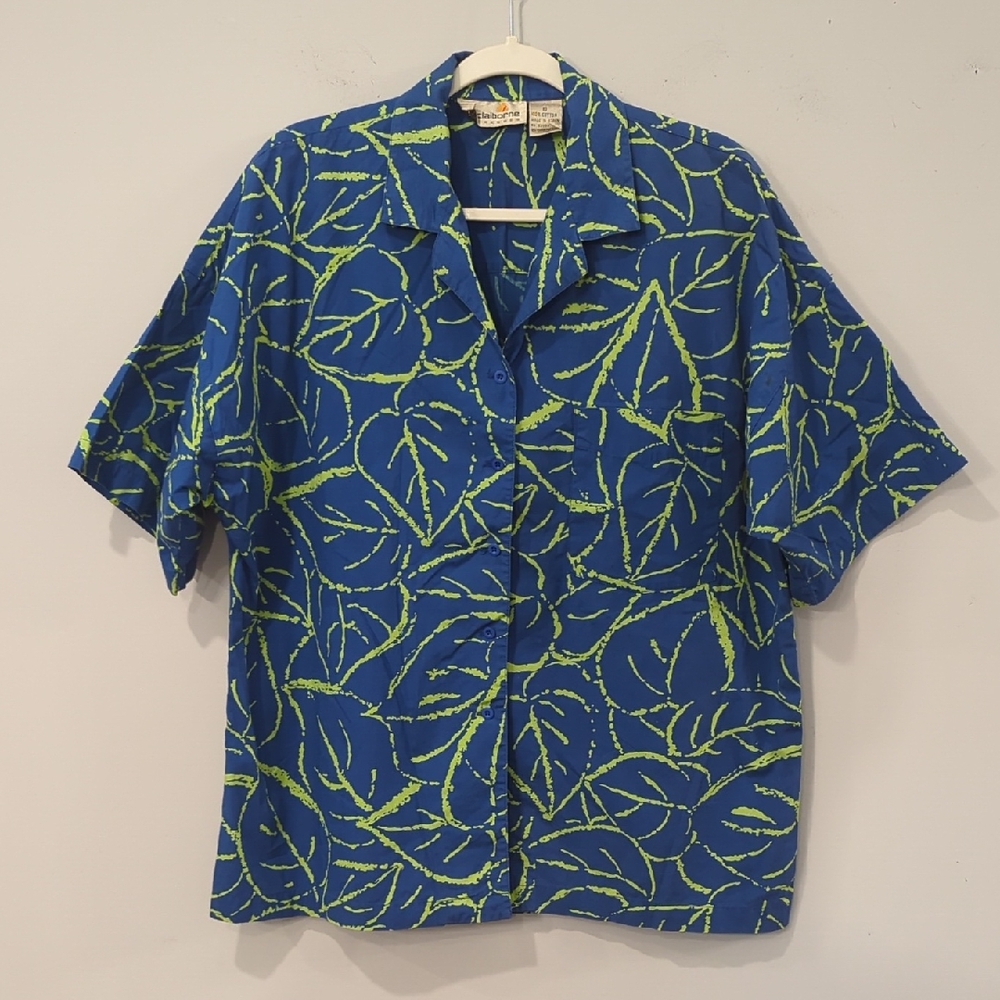 Vintage Liz Claiborne Button Up Short Sleeve Leaf‎ Print Blue Green size 10 Boxy